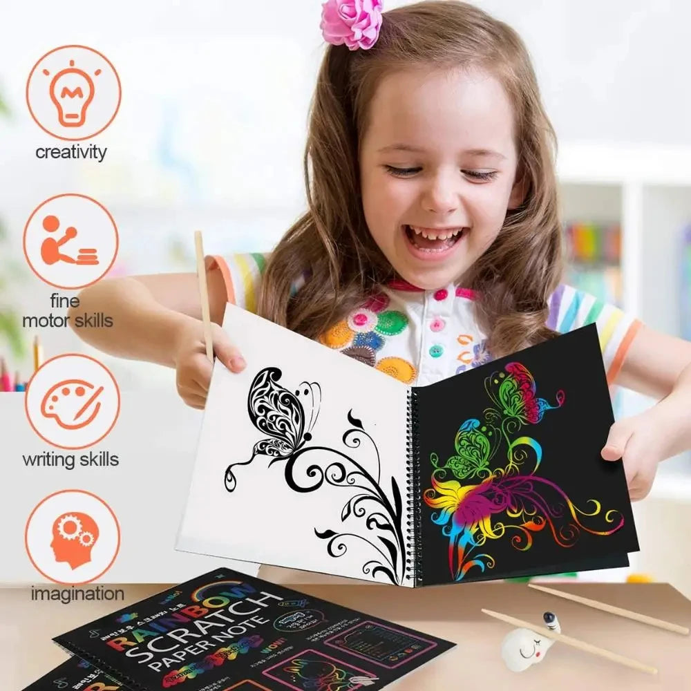 No-EN-Name-Null Kids Coloring-Paint Learning Magic Rainbow Scratch Off Paper Cards Note Books Craft Kits /Colors-Green/Yellow/Pink/Blue/ Ages-3 Years Old-Older