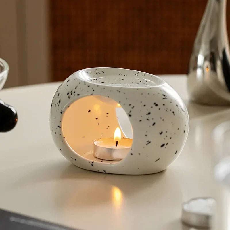 PDQ Modern Ceramic Black Speckled Dots-White Round Shaped Heating Aromatherapy Oil Plate Hallow-Out Tea Light Candle Holders