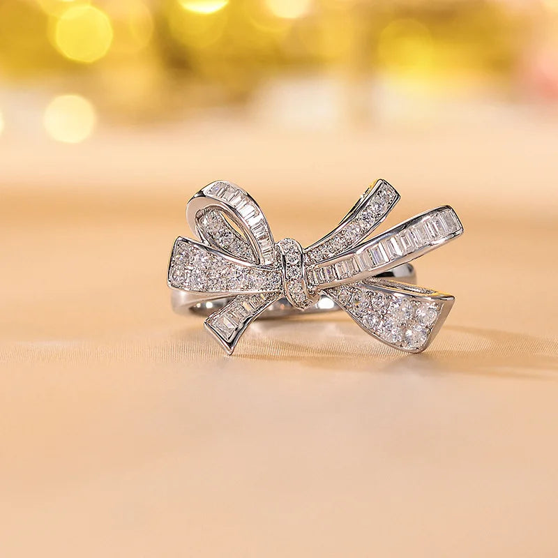 Follow-Cloud Adult Women Fine Sterling Silver 18K Gold-Plated Bowknot Shaped Cubic Zircon Clear White Shiny Imitation Diamonds Gemstones Prong Wedding Band Rings