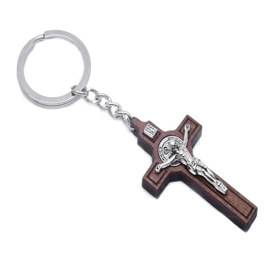 Unisex Brown Wooden Cross Of Jesus on Cross Metal Keychains