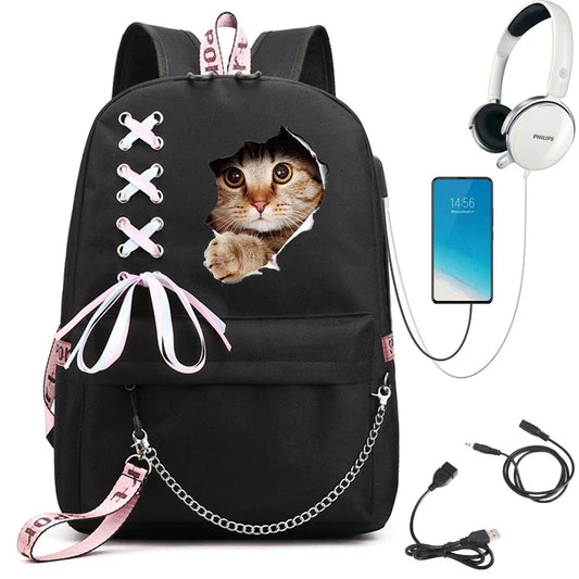 Decorative White Bow Canvas Nylon Printed Kawaii Cat Curved Back Support Zipper Black Backpacks/USB Charging/Built-In Laptop Compartment/Back Straps-Handle