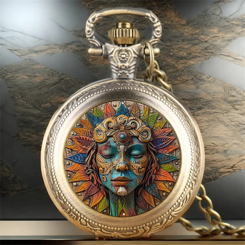 SOXY Women Waterproof Vintage Stainless Steel Metal Quartz Round Shaped Case Glass Face Analog Display Multicolor Bohemia Custom-Folk Women Face Design Bronze Necklace Chain-Pocket Watches