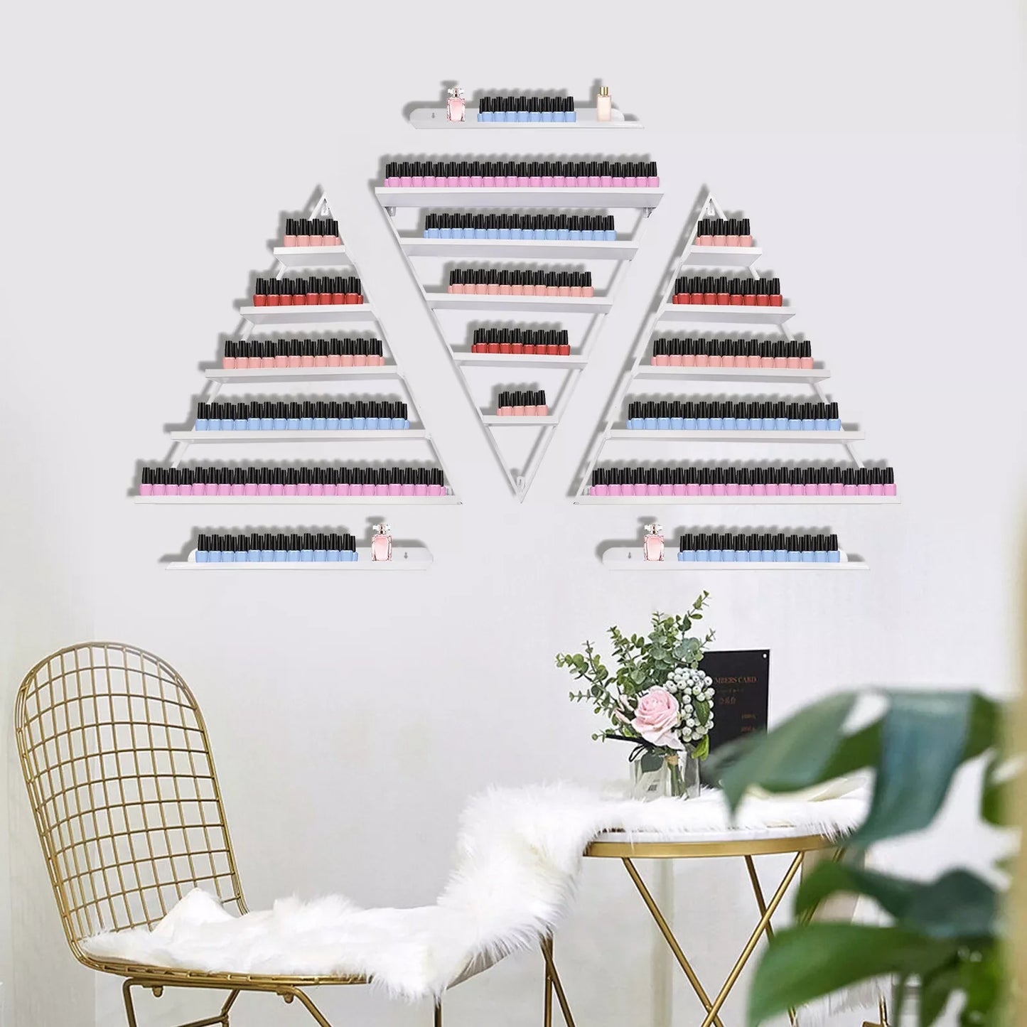 No-EN-Name-Null Modern 5-Tier Structure Round Corners Entire Triangle Shaped White Iron Metal Floating Wall-Mounted Nail Polish Retail Display Props-Models
