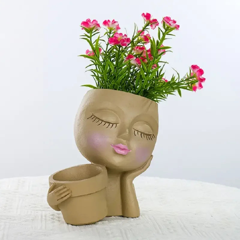 No-EN-Name-Null Indoor-Outdoor Classic Beige Resin Cute Girl Face Handheld Basket Flower Pots Planters/Colors-Beige/White/Gray/Brown/Pink/Multicolor/Floral