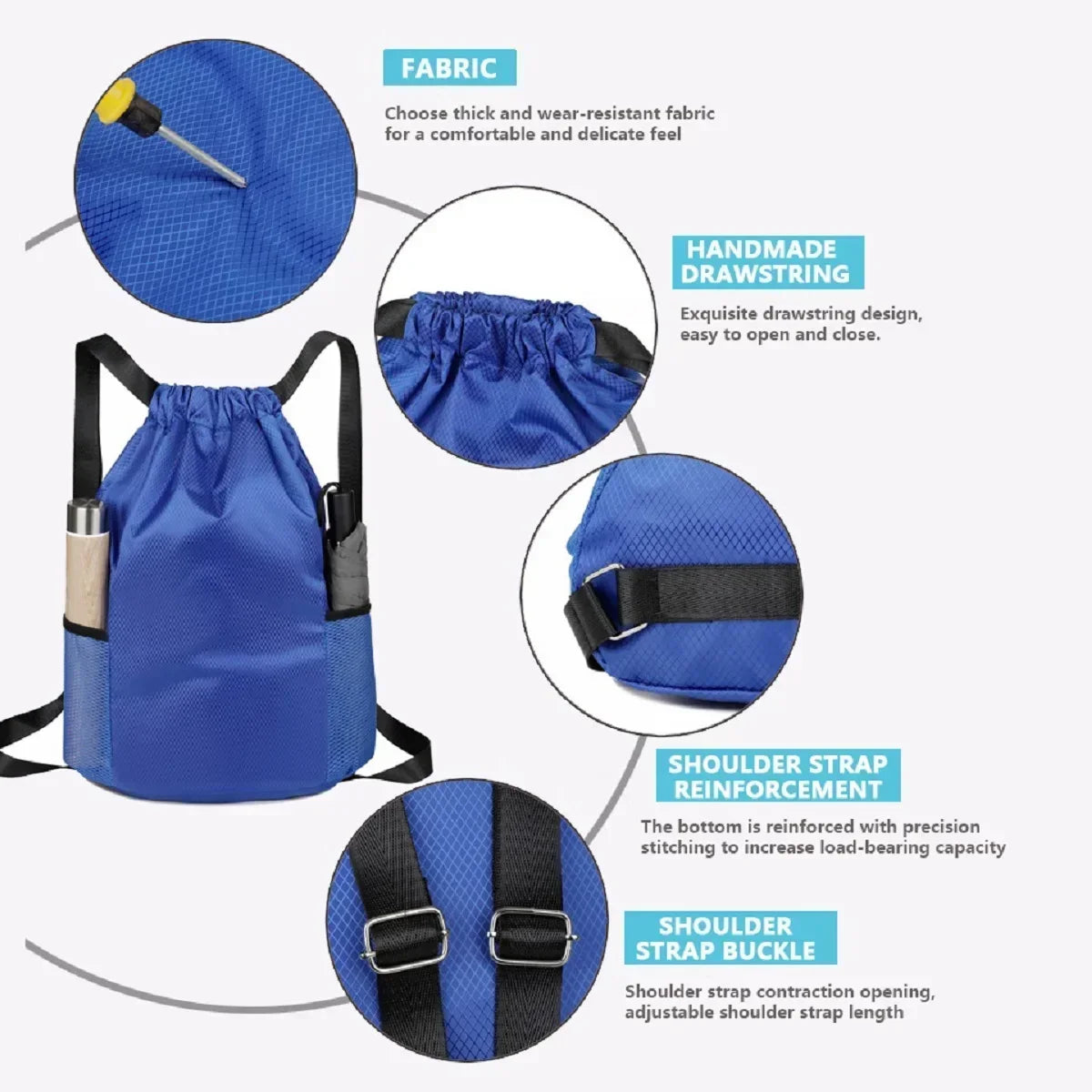 FANAN Outdoor Softback Blue Oxford Fabric Large Lightweight Polyester Lining Single Compartment Black Shoulder Straps-Handle External Double-Sided Pockets Single-Double Sports Drawstring Backpacks /Colors-Black/Blue/Yellow/Orange/Red