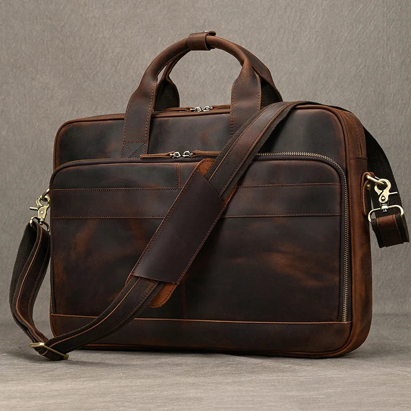 NEWSBIRDS Men Modern Rectangle Shaped Brown-Black Genuine Cowhide Leather Built-In 14-15.6 Inch Single Laptop Compartment Metal Zipper Two Handles-Detachable-Adjustable Shoulder Strap Briefcases