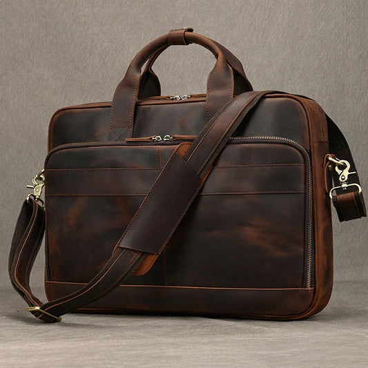 NEWSBIRDS Men Modern Rectangle Shaped Brown-Black Genuine Cowhide Leather Built-In 14-15.6 Inch Single Laptop Compartment Metal Zipper Two Handles-Detachable-Adjustable Shoulder Strap Briefcases
