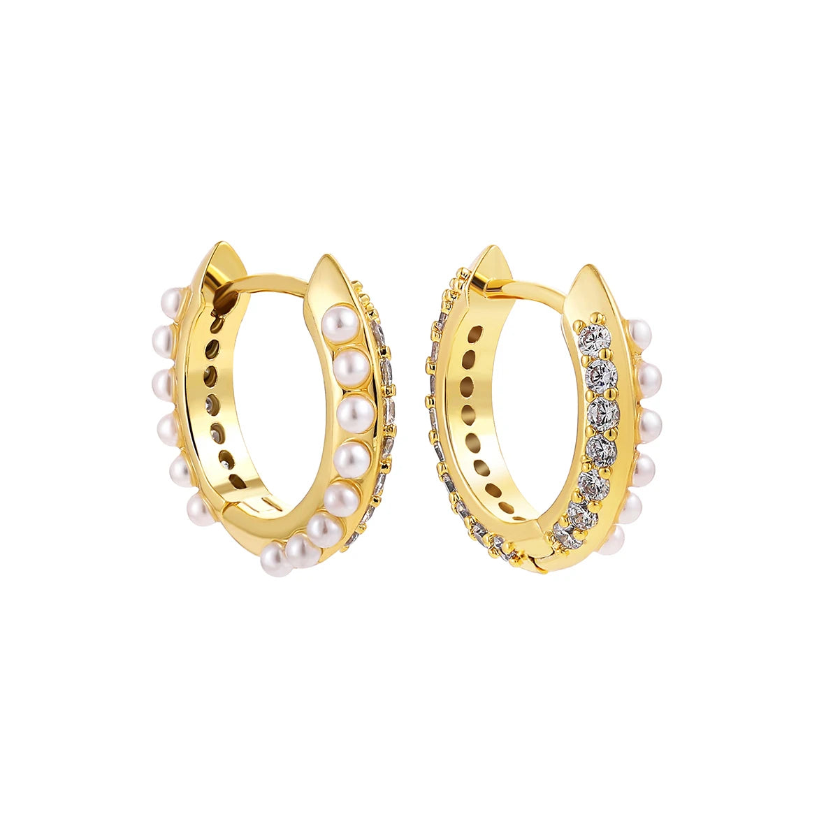 EARPELS Adult Women Fine Imitation Copper Gold Plated Plastic Resin Small Round Circle Inlay Clear Cubic Zirconia-White Pearls Hoop Huggies Earrings/Colors-Clear/Gold/Geometric