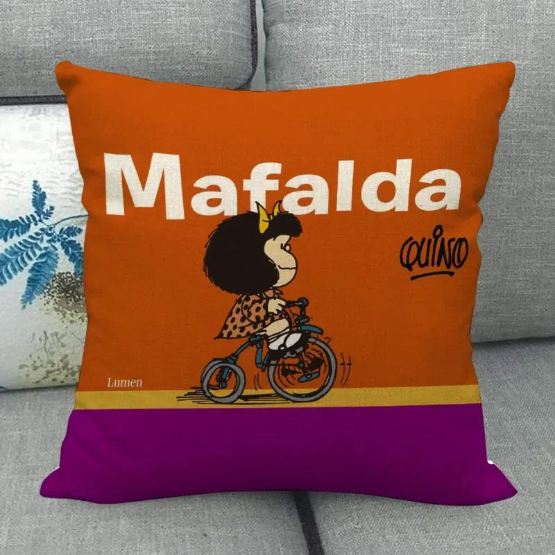 No-EN-Name-Null Customized Multicolor Square Machine Washable Soft Linen-Cotton Fabric Printed Mafalda Pillowcases/ Sizes: 45X45(One Sided)/Colors-Red/Purple/Beige/White/Pink/Blue/Black/Floral/Multicolor
