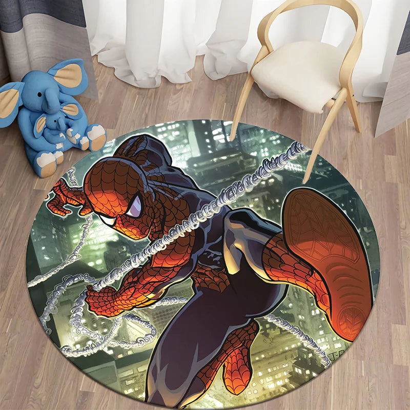 MINISO Round Shaped HD Printed Red Background MARVEL Spider Man Design Anti-Slip Plastic Dots Bottom Fade Resistant Soft Velvet Polyester Fabric RUGS /Colors-Orange/Blue/Red/Multicolor
