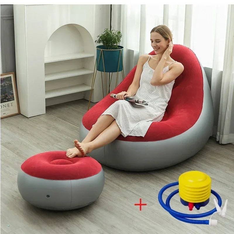 No-EN-Name-Null Modern Soft Velvet Upholstered Multicolor Fabric Lazy Air-Filled Poly-Vinyl Inflatable Foldable Feet Stool-Outdoor Chairs/ Multifunctional Ottoman/Colors-Red/ Black/Royal Blue/Multicolor