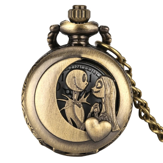 YISUYA Adults Vintage Quartz Analog Display Stainless Steel Metal Round Shaped Acrylic Case Bronze Small Engraved Hallow-Out Movie-Nightmare Before Christmas Romantic Couples-Heart Movie Theme Floral Back Steampunk Lovely Chain-Pocket Watches