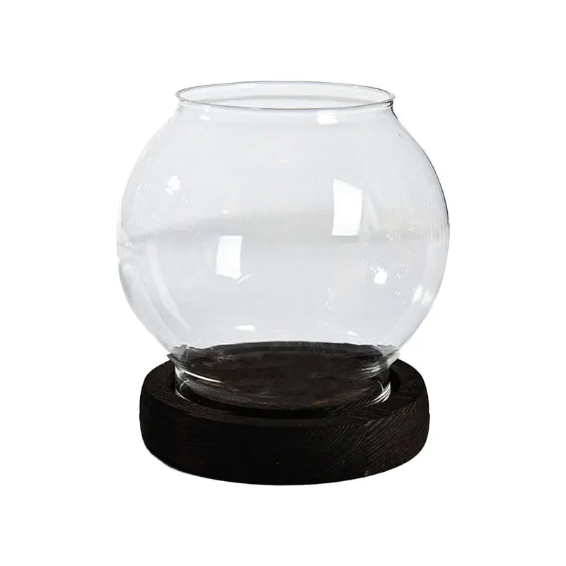 No-EN-Name-Null Modern Windproof Round Clear Transparent Glass Shades Round Brown-Black Wood Base Tealight Candle Holders