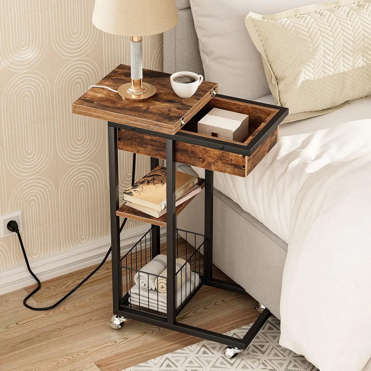 HOOBRO Rectangle Shaped Rustic Brown Wood Clamshell Tabletop Black Metal Flip C Shape Base End Tables/ 2-USB Ports Charging Station/ 4-Wheels-2-Shelves/2-AC Outlets