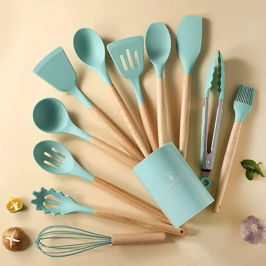 Kitchen 12 PCS Set Green Heat Resistant Non-Stick Silicone Tips Wood Handles Utensils-Storage Bucket/Colors-Blue/Red/Black/Green/Multicolor