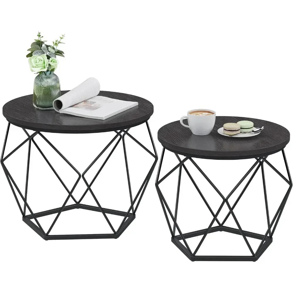 No-EN-Name-Null 2 PCS Rustic Brown Round Wood Top Steel Frame Coffee Table Sets/Colors-Rustic Brown-Black Base/Charcoal Gray-Black Base/White Marble-Black Base/Beige-Black Base/Size:( Large Size) 19.7cm W x 15.7cm H/( Small Size) 15.7cm W x 14.2cm H