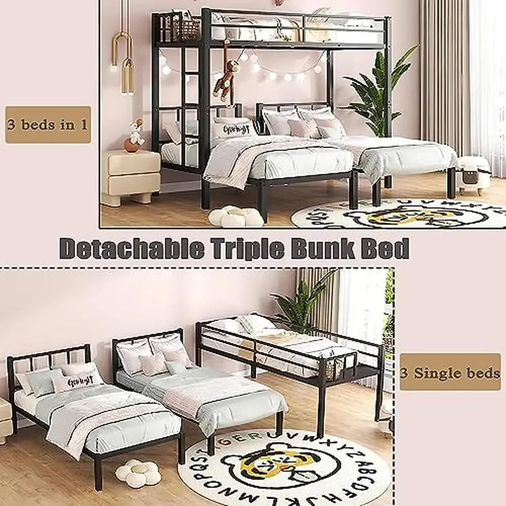 DUTRIEUX Kids Black Three Twin Mattress Metal Powder Coated Frame Bunk Beds/ Sturdy Built-In Ladder/Full-Length Upper Safety Guardrails/Detachable Bunk Beds