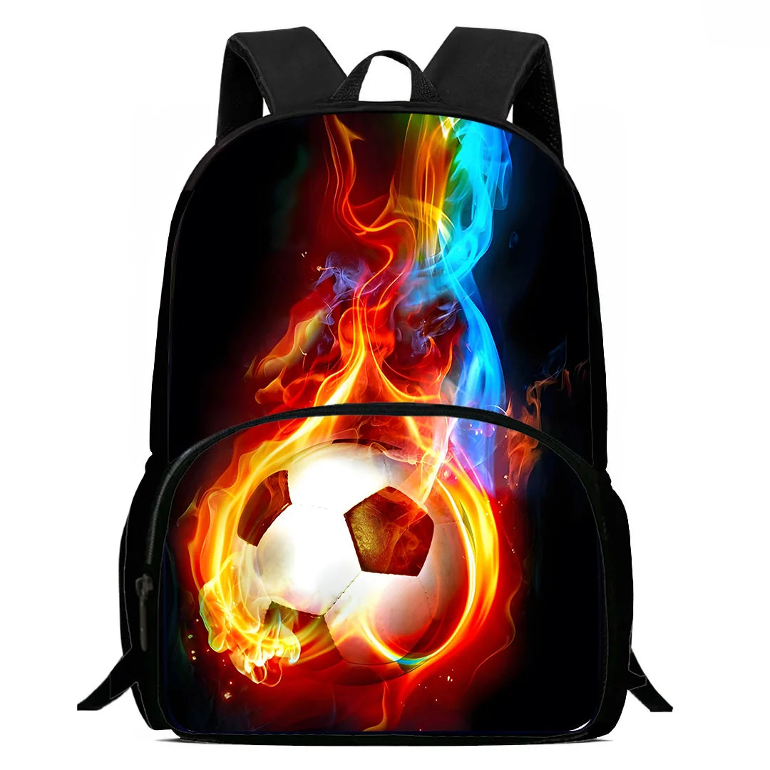 MINISO Kids 3 PCS Large Waterproof Nylon Fabric Zippers Exterior Pockets Printed-Burning Flames Soccer Ball Design Curved Back Shoulder Straps-Handle Sports IPAD Compartment School Backpacks/Color-Black/White/Blue/Multicolor