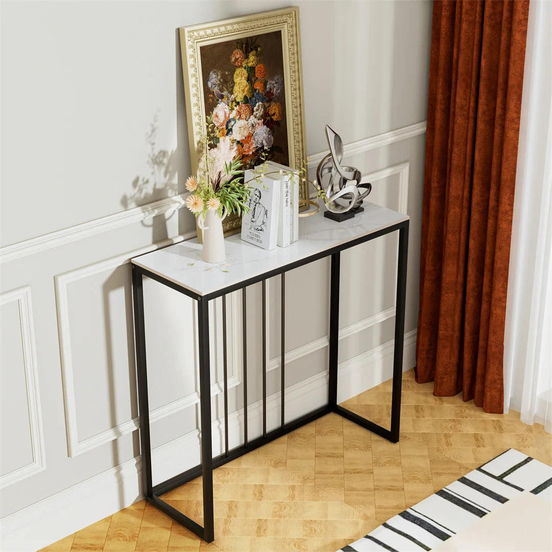 LUVODI Modern Rectangle Shaped White Sintered Stone Top Black Iron Metal Base Door Entry Console Tables/Colors-White Emerald /White/Product Dimension: L x W x H 80x30x78.5cm/ 31.49x11.81x30.90inches