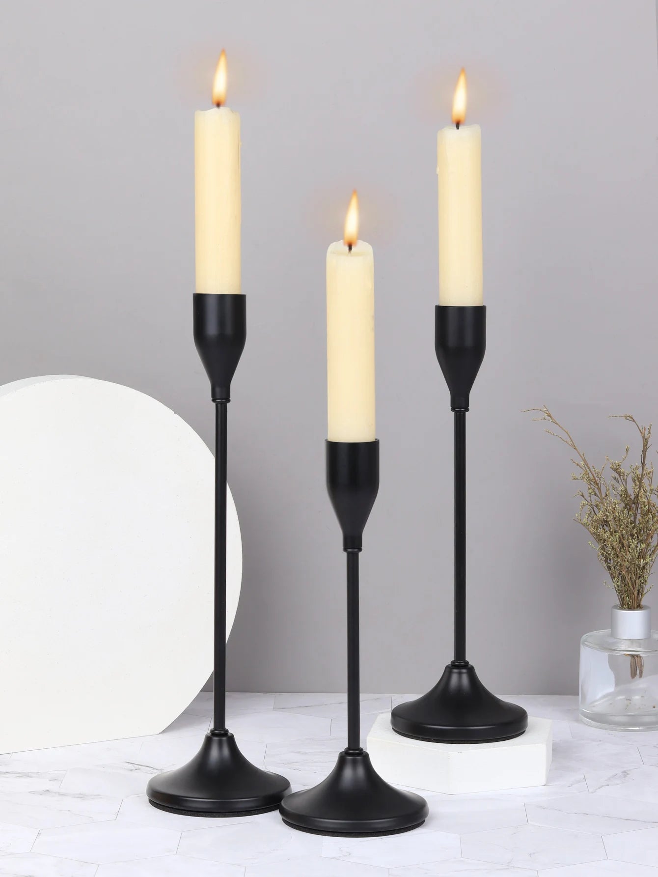 Modern 3 PCS European Round Black Metal Tabletop Stick Candle Holders Sets/Colors-Black/Gold/Silver
