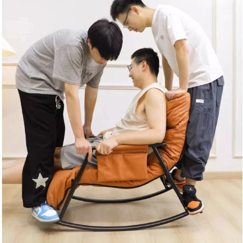 ANST Modern Adults Foldable-Adjustable Backrest-Five Gears Footrest-Armed Orange Faux Leather Polyester Fabric Triangle Stable Brackets Carbon Steel Base Nursery Rocking Chair/Colors-Orange/Blue/Pink/Gray