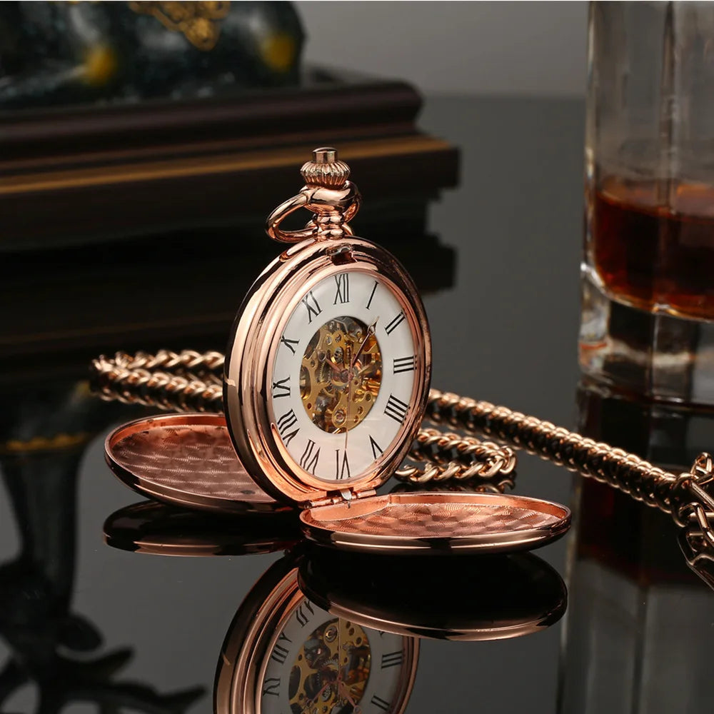 OHSEN Men Quartz Analog Display Acrylic Face Roman Numeral Stainless Steel Metal Round Case Double-Sided Skeleton Dial Transparent Back Cover Steampunk Mechanical Hand Wind Chain-Pocket Watches/Colors-Silver/Bronze/Gold/Black/Rose Gold