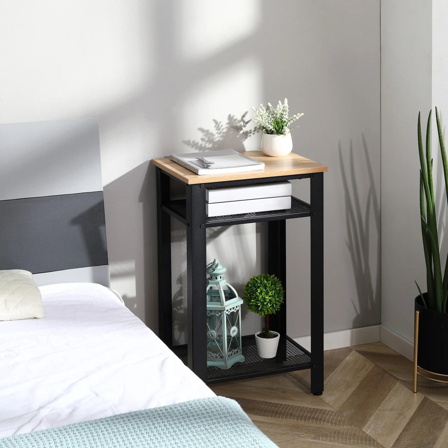 HOMCOM Modern Square Shaped Industrial Melamine Laminated Oak Wood Countertop Two Black Steel Metal Flat Shelves-Four Black Metal Legs Adjustable Feet Side End Tables