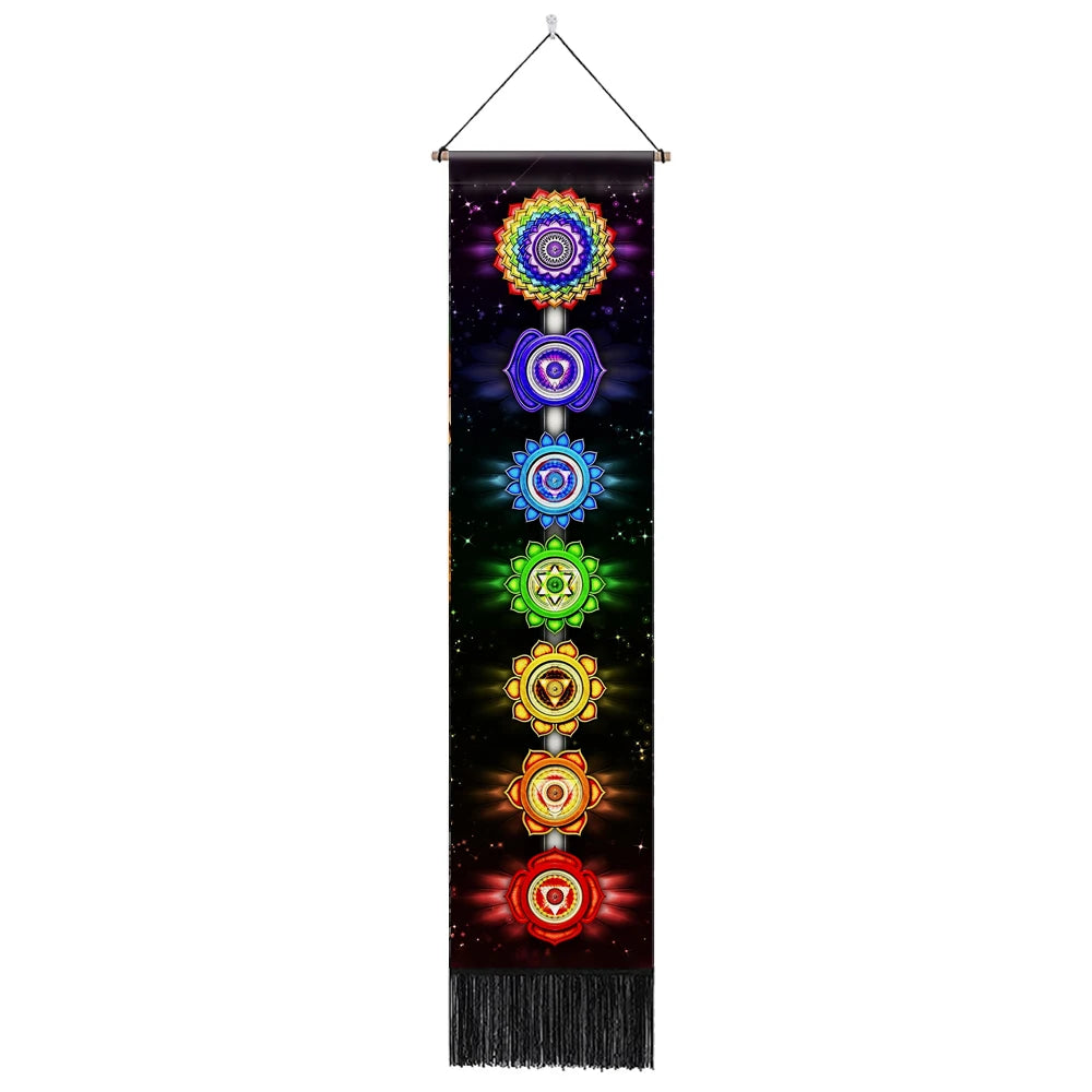 Unisex Rectangle Knitted Cotton-Polyester Blend Printed Soft Fabric 4 Colorful Geometric Chakras Themes Intricated Design Fringed Spiritual Meditation Wall Hanging Tapestries