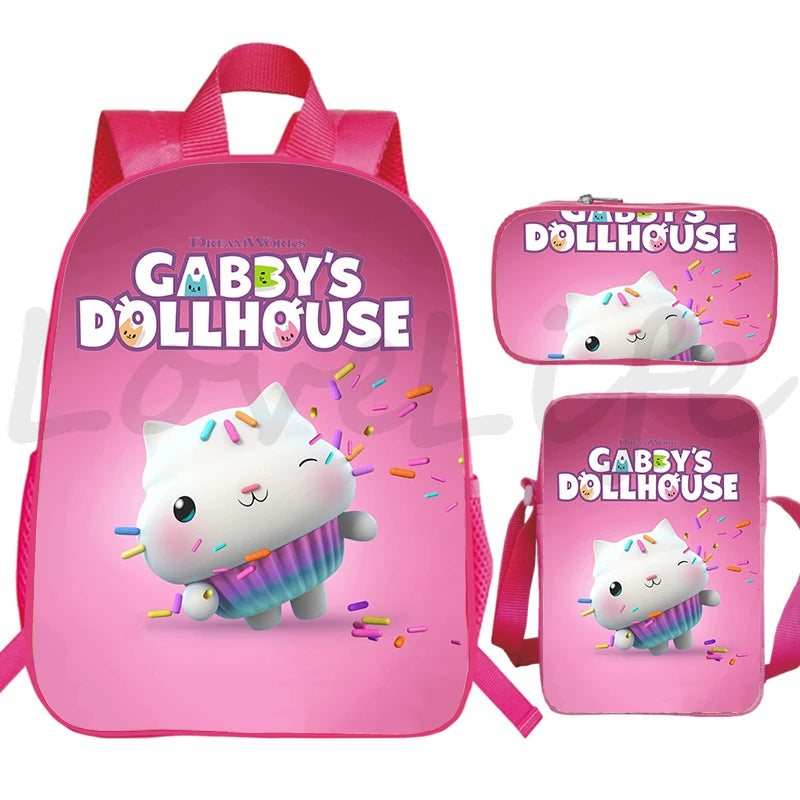 JUNBIE Kids Waterproof Pink Nylon Fabric Cute Cartoon Gabby's Dollhouse Design Zippers Curve Back Shoulder Straps-Handle Built-In Laptop Compartment External Pockets Backpacks/Colors-Pink/Multicolor