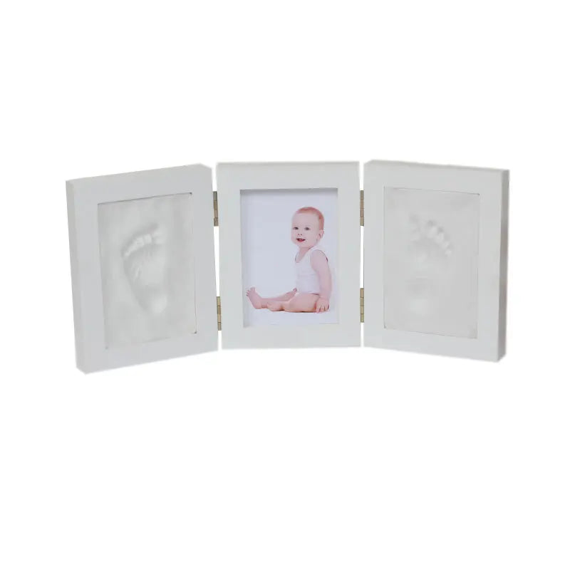 Newborn-3 Years Old White Solid Pine Tri-Fold Ink Pad Creating Hand-Foot In Plaster Of Paris Cement Print Keepsake Photo Frame