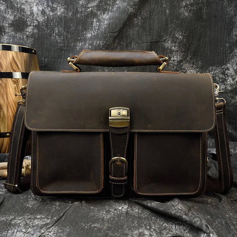 NEWSBIRDS Men Modern Rectangle Shaped Brown-Black Genuine Cowhide Leather Built-In 14-15.6 Inch Single Laptop Compartment Metal Zipper Two Handles-Detachable-Adjustable Shoulder Strap Briefcases