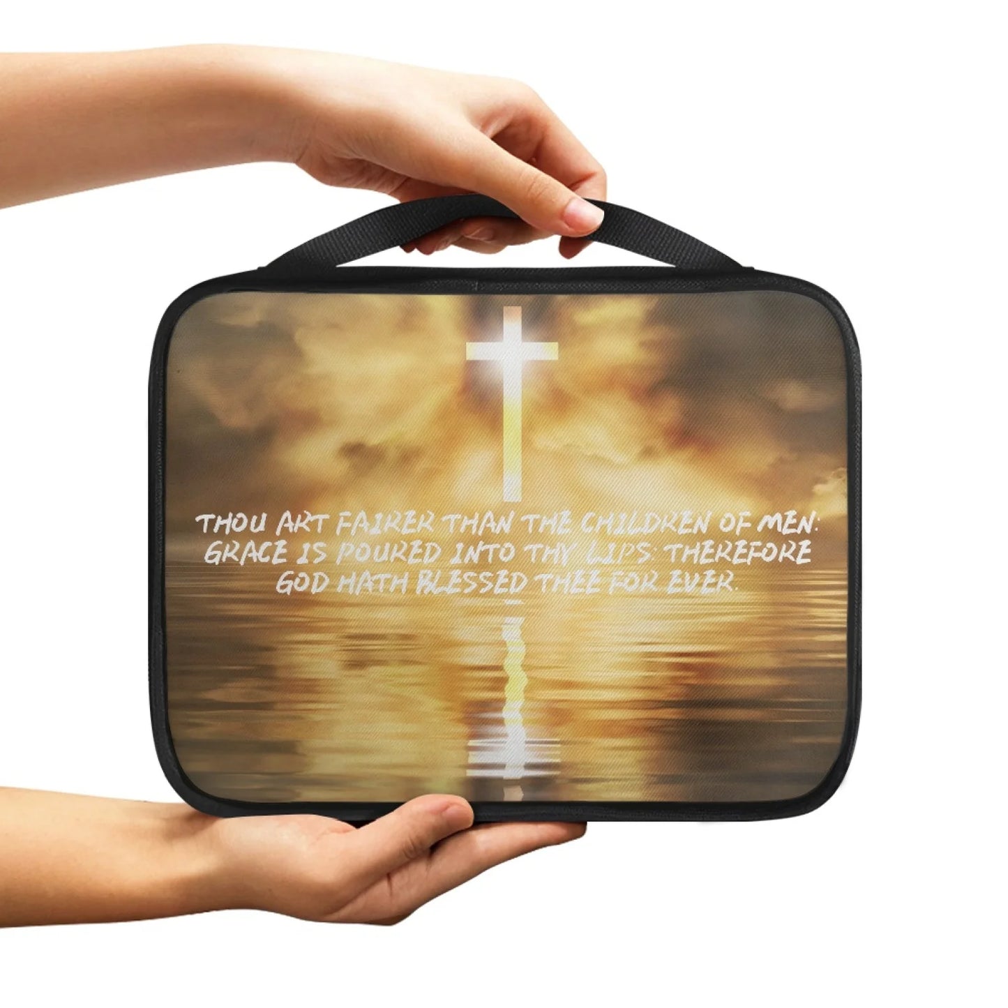 No-EN-Name-Null Religious Items Black Handle-Trim Polyester Fabric Rectangle Decorative Printed Cross-Psalms Bible Verses Theme Zippered Bible Covers/Many Bible Verses Styles/Handle