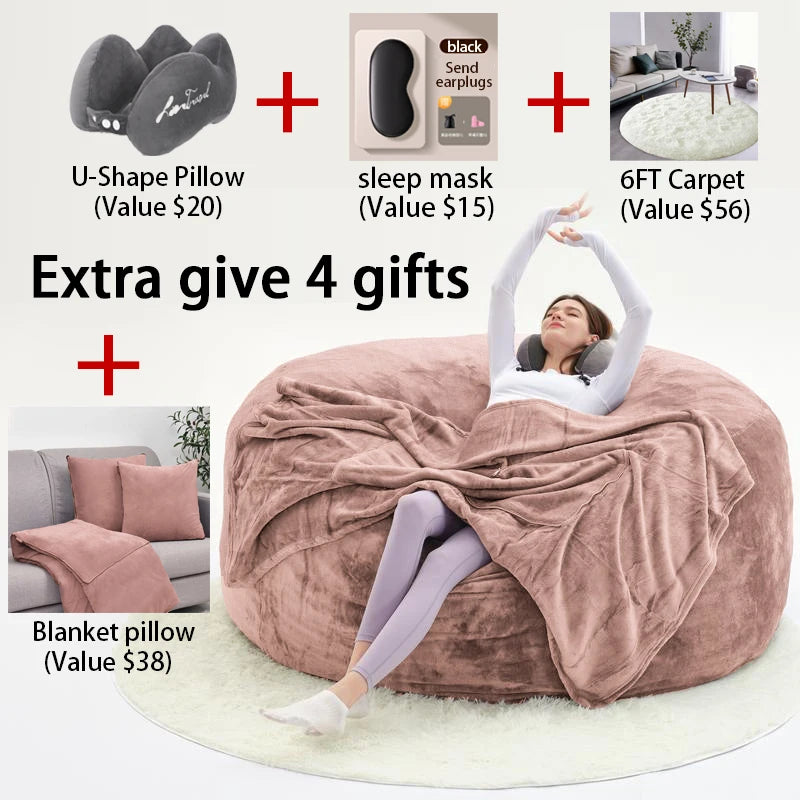 No-EN-Name-Null Modern Italian Design Large Three Seat Soft Plush Brown Round PU Polyester-Flannel Fabric Bean Bag Chairs/Zippered /Removable-Washable Cover/Extra 4 Gifts Included/ Sponge Filler Included /Colors-Gray/Beige/Brown/Blue/Black