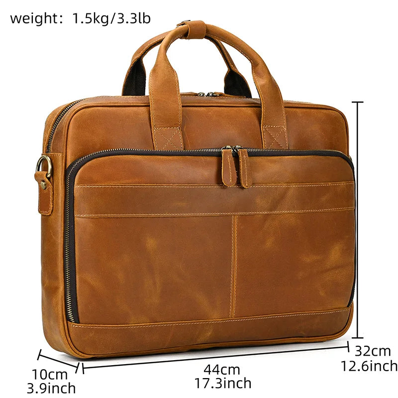 NEWSBIRDS Men Modern Rectangle Shaped Brown-Black Genuine Cowhide Leather Built-In 14-15.6 Inch Single Laptop Compartment Metal Zipper Two Handles-Detachable-Adjustable Shoulder Strap Briefcases