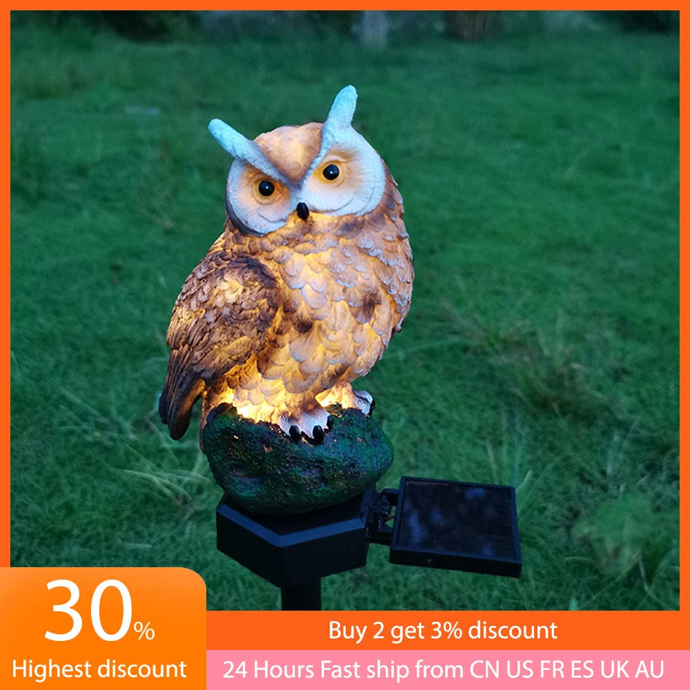 SHUNMAII Outdoor Garden Modern Plastic Body Solar-Powered LED Light Dark Brown Owl Shaped Stake Statue Waterproof Pathway Landscape Lights