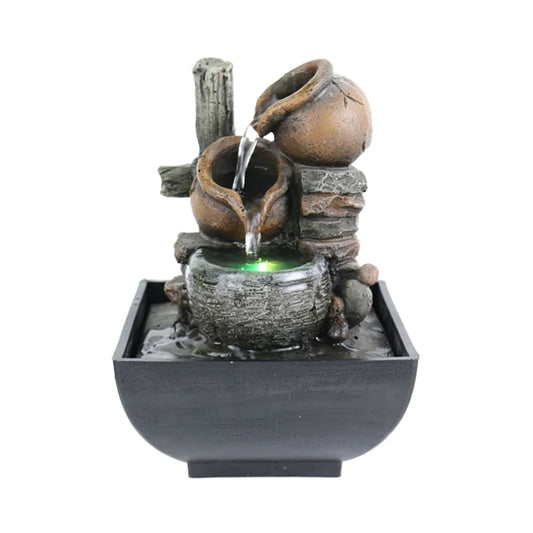 3 Tier Indoor LED Lights Resin Brown-Gray Clay Pots Flowing Water Rocks Black Square Bowl Tabletop Fountains/Colors-Multicolor/ 1-Water Pump Plug
