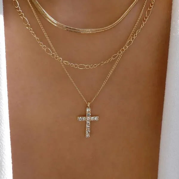 Women Imitation Cross Chain-Link Pendent Colorful Zircon Stone Necklaces/Colors-Multicolor/ Silver
