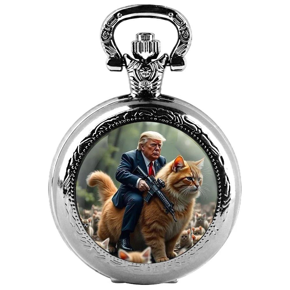 No-EN-Name-Null Adults Antique Quartz Analog Display Acrylic Face Black Metal Alloy Case Humorous Funny Trump Riding Red Tabby Cat-Holding A Automatic Weapon Design Glass Dome Cover The Durable Chain-Pocket Watches/Colors-Gold/Silver/Black/Bronze