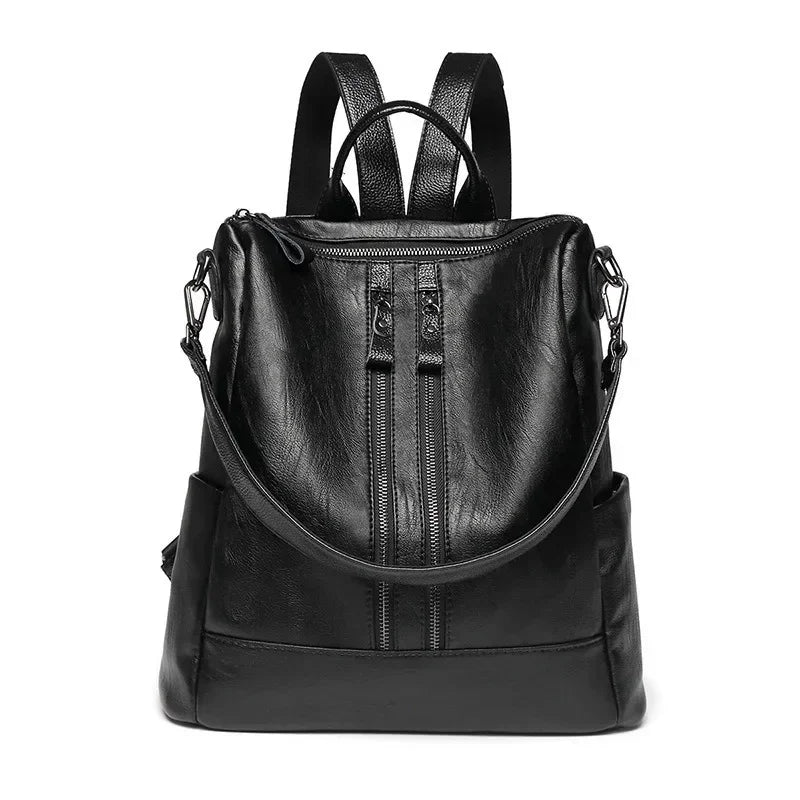 No-EN-Name-Null Women Lightweight Convertible Zippers Soft Black Faux Leather Travel Detachable Shoulder Straps-Two Handles Single 9-7 Inch IPAD Compartment Backpacks