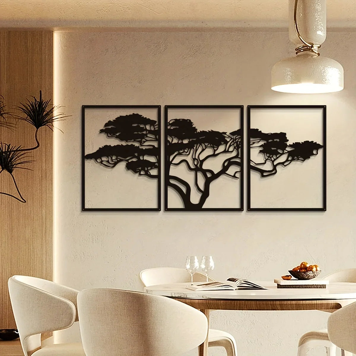 HELLOYOUNG Modern Black-Brown Iron Metal Three-Panel Realistic Natural Trees Art Plaques/Size: 36.61 x 14.41 inches