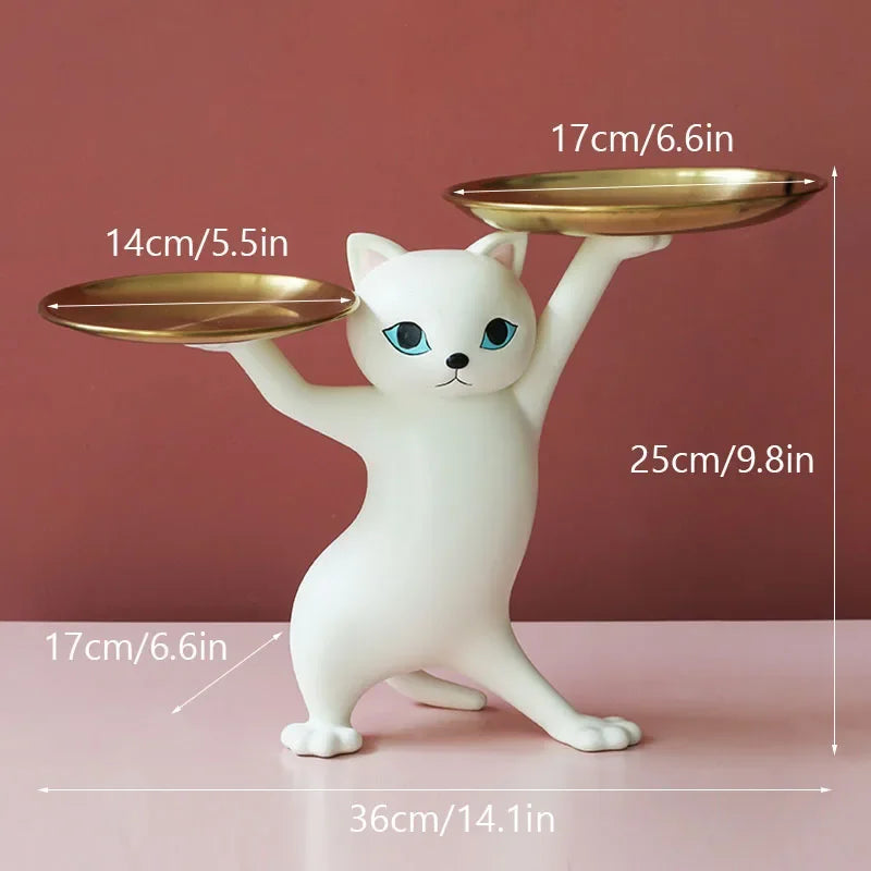 No-EN-Name-Null Modern Front Door Resin White Cat Blue Eyes Holding Two Gold Key Caddy Tray In His-Her Paws Animal Figurines /Colors-Gray/White/Gold/Blue/Brown/Animal/Multicolor