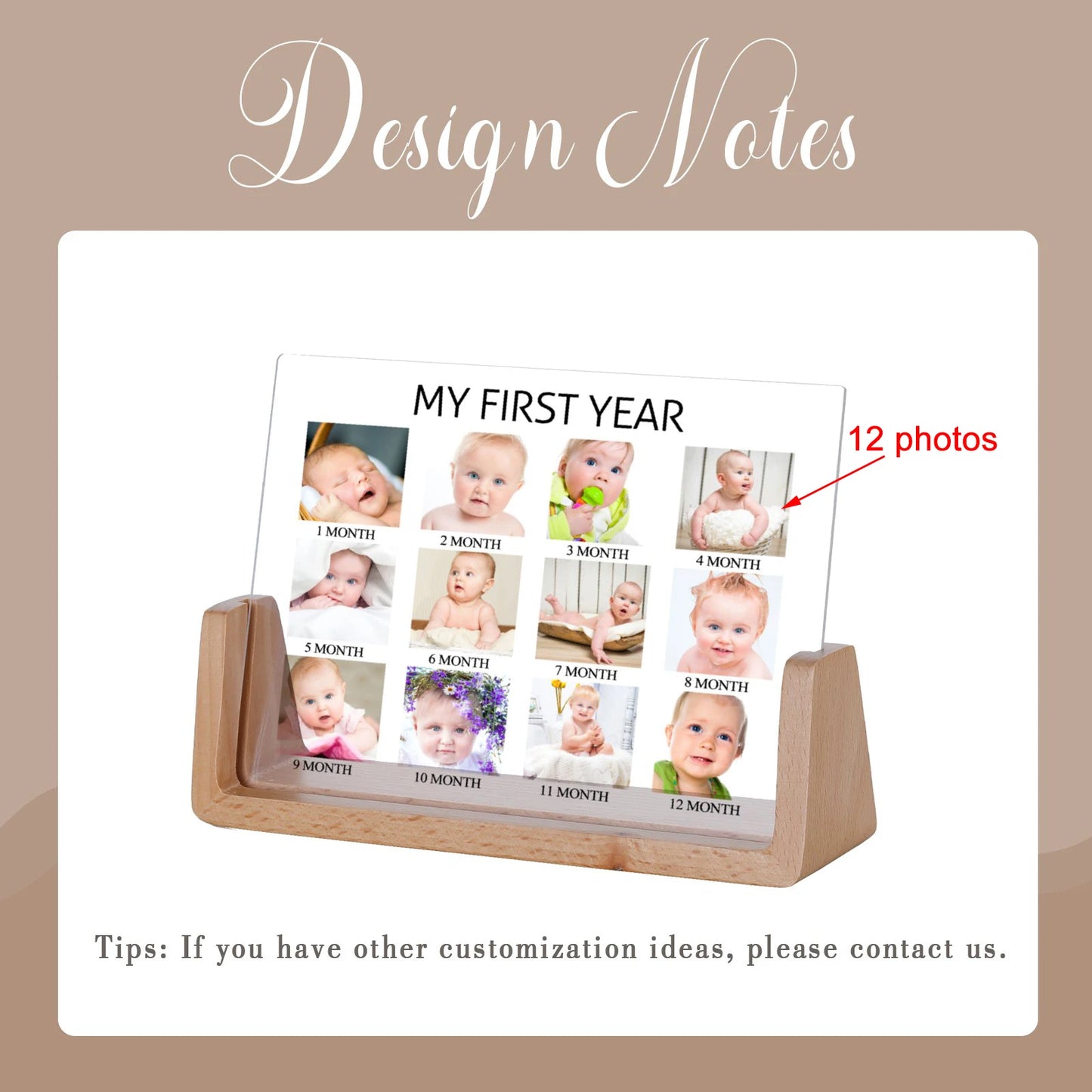 Rectangle Beech-Walnut Wood Trim Acrylic Plate Personalized My First Year Picture Frames/Sizes: S-6 x4 inch-M-7 x 5 inch-L-8 x 6 inch /Colors-Brown/Beige