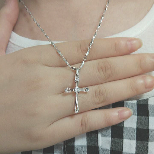 WEIFENG SANDALWOOD Women Unisex Fine Imitation Sterling Silver-Rose Gold Metal Diamond-Like Geometric Clear White Stones Cross Shaped Pendant Clavicle Chain Necklaces