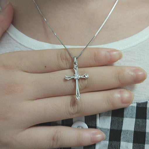 WEIFENG SANDALWOOD Women Unisex Fine Imitation Sterling Silver-Rose Gold Metal Diamond-Like Geometric Clear White Stones Cross Shaped Pendant Clavicle Chain Necklaces