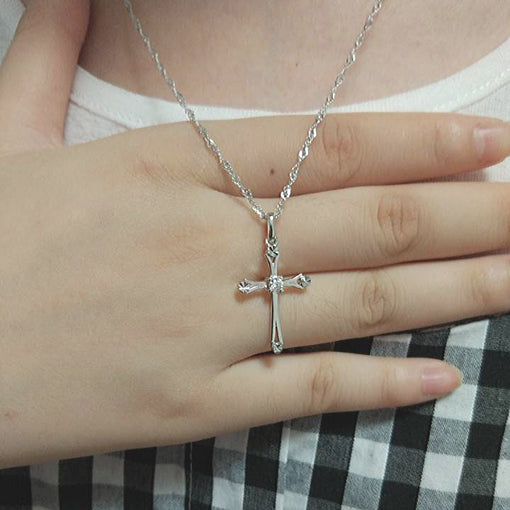 WEIFENG SANDALWOOD Women Unisex Fine Imitation Sterling Silver-Rose Gold Metal Diamond-Like Geometric Clear White Stones Cross Shaped Pendant Clavicle Chain Necklaces