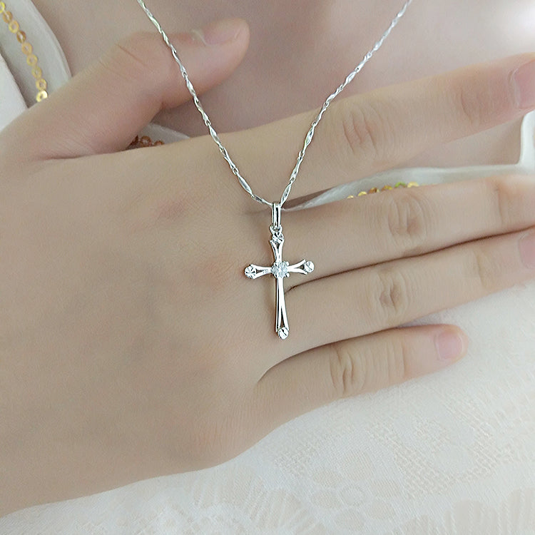 WEIFENG SANDALWOOD Women Unisex Fine Imitation Sterling Silver-Rose Gold Metal Diamond-Like Geometric Clear White Stones Cross Shaped Pendant Clavicle Chain Necklaces