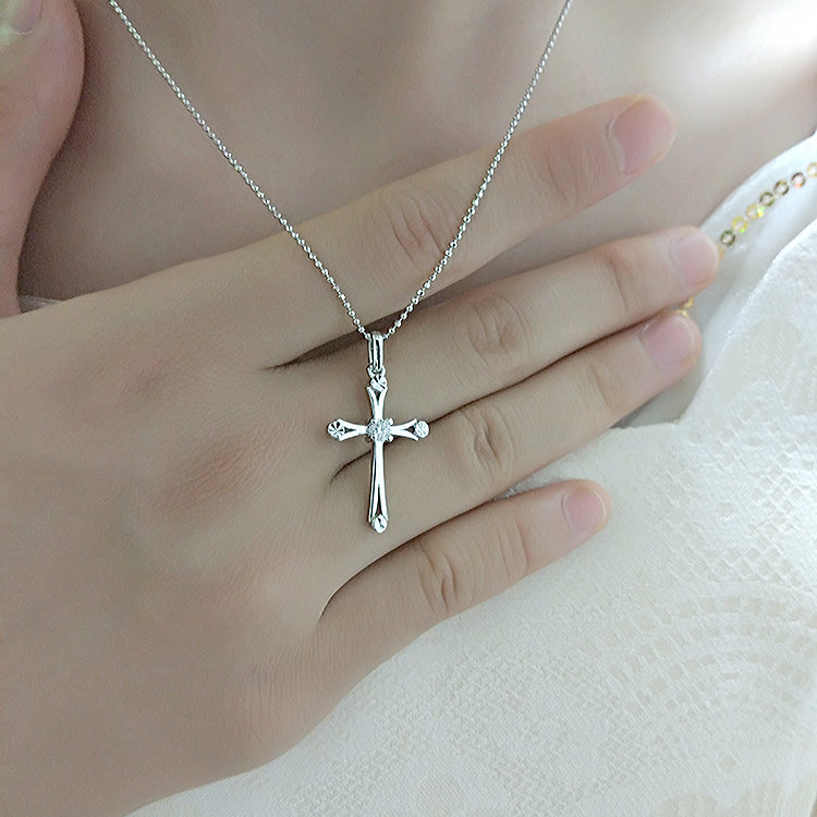 WEIFENG SANDALWOOD Women Unisex Fine Imitation Sterling Silver-Rose Gold Metal Diamond-Like Geometric Clear White Stones Cross Shaped Pendant Clavicle Chain Necklaces