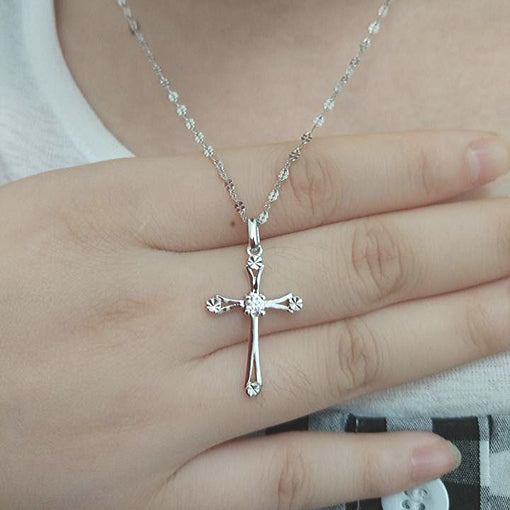 WEIFENG SANDALWOOD Women Unisex Fine Imitation Sterling Silver-Rose Gold Metal Diamond-Like Geometric Clear White Stones Cross Shaped Pendant Clavicle Chain Necklaces