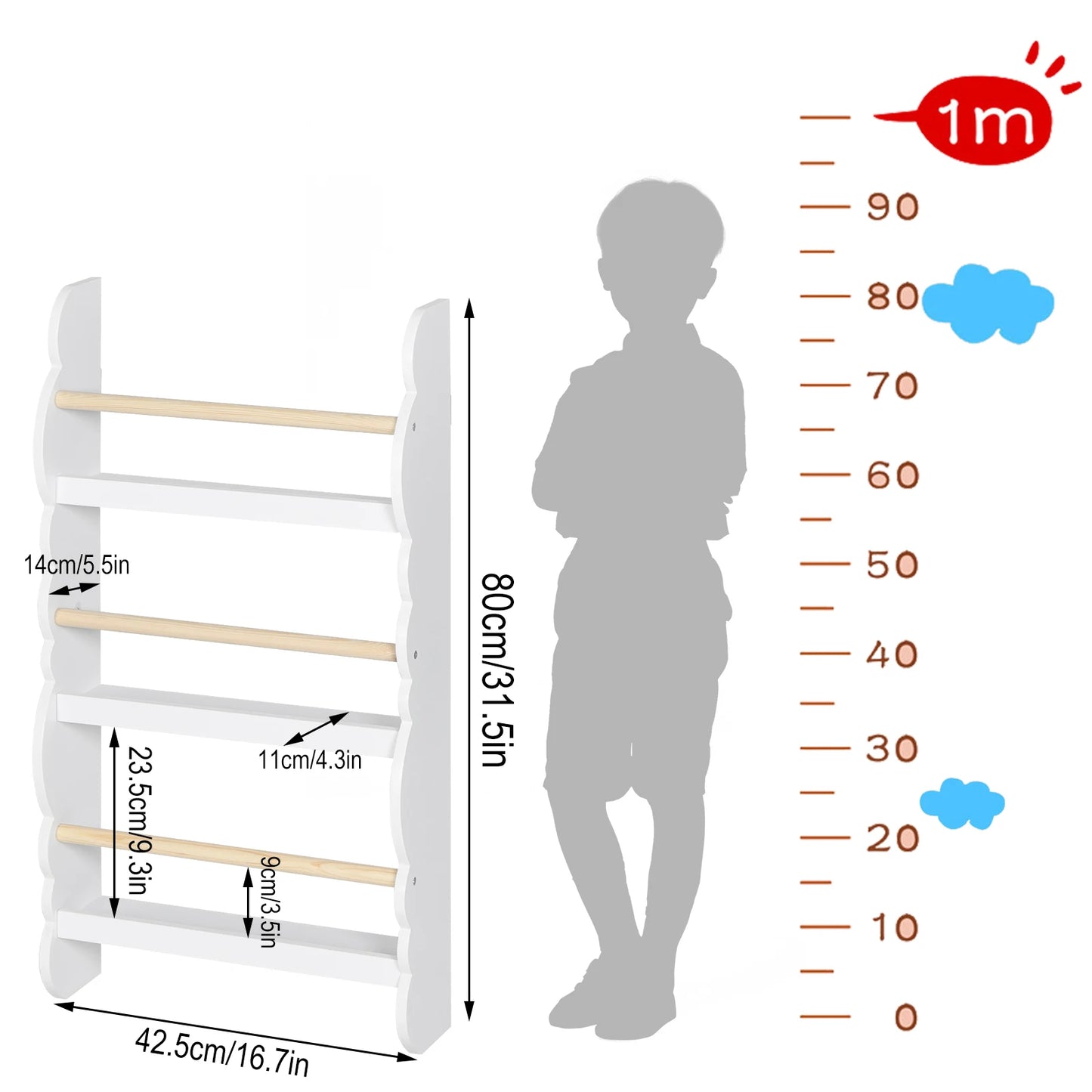WOLTU Kids Modern Four-Open Display Shelves Eco-Friendly Water-Base Green Paint E1 Pine Wood Bars Wall-Mounted Rack Bookcases/Colors-White/Green/Gray/Ages: 3 Years Old And Older