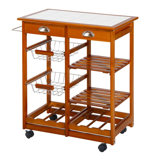 HOMCOM Brown Kitchen Ceramic Top Carts /4 Wheels w /2 Wired Baskets/2 Wood Shelves/Bottom Wine Bottle Shelf